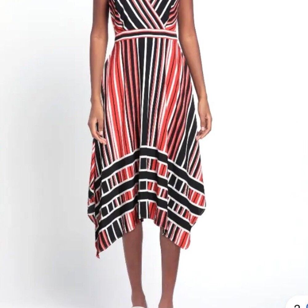 Karl Lagerfeld Size 4 Striped Asymmetrical Handkerchief Hem Dress Faux Wrap - Picture 2 of 14